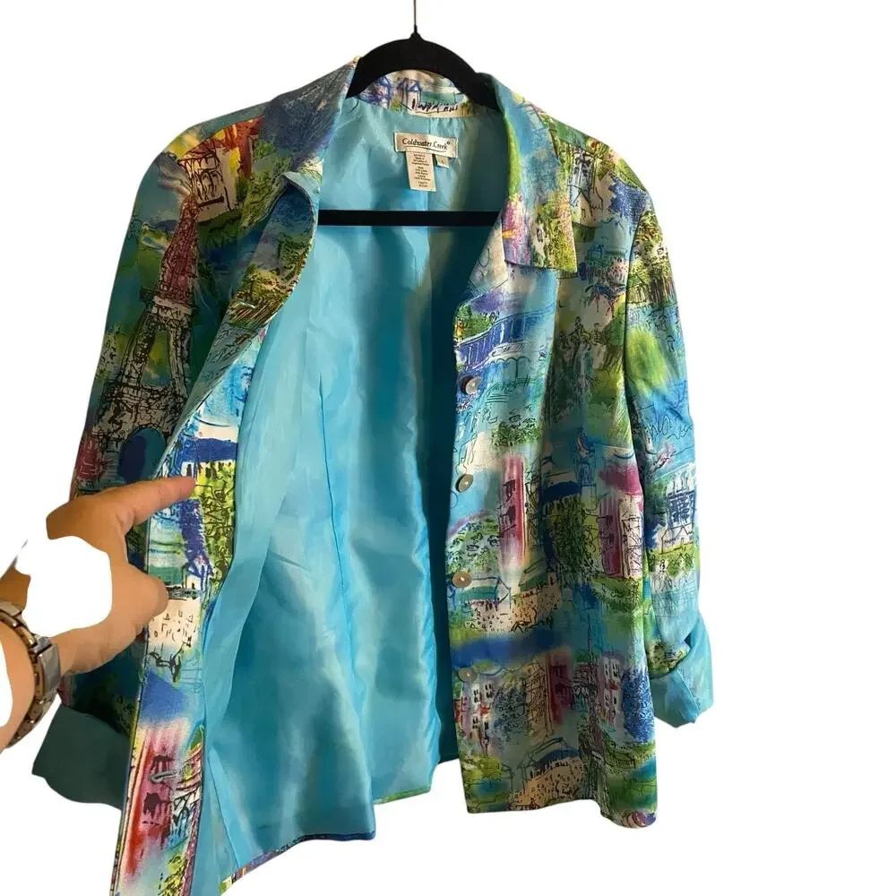 Coldwater Creek, Size Large, Colorful Paris Print Blazer, Linen Blend, Artsy - Picture 10 of 16